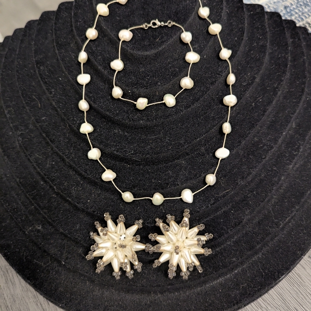 Vintage 1950s West Germany Sterling Baroque Pearl Bracelet, Necklace & Atomic